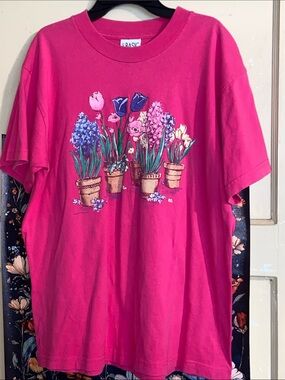 VTG PINK POTTED FLOWERS TOP Dark Pink Floral SIMPLY BASIC